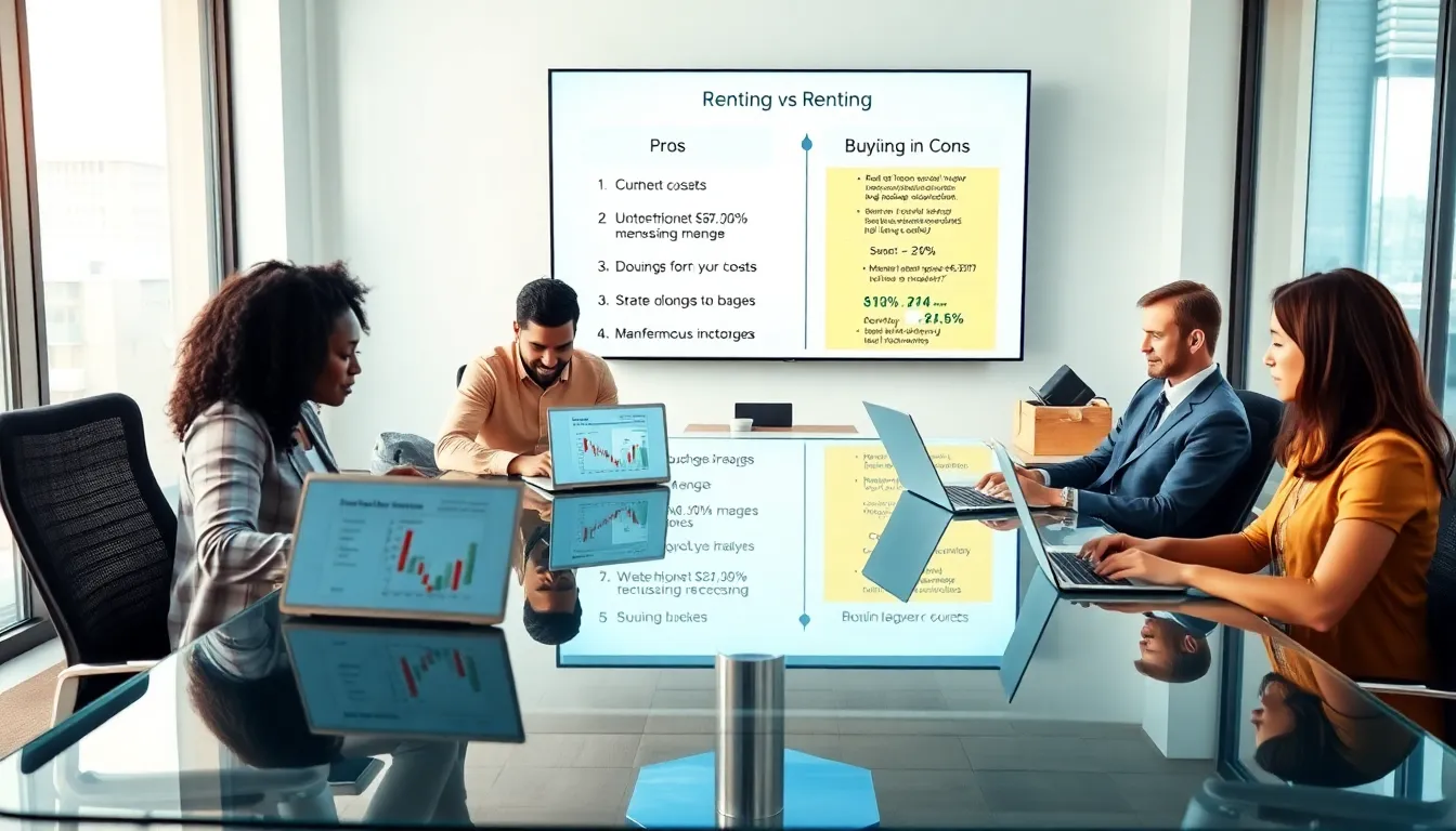 diverse team discussing renting vs buying in a modern office.