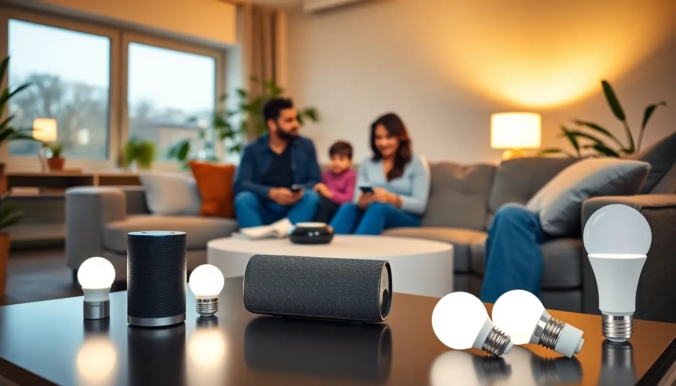 family using Amazon smart home devices in a modern living room.