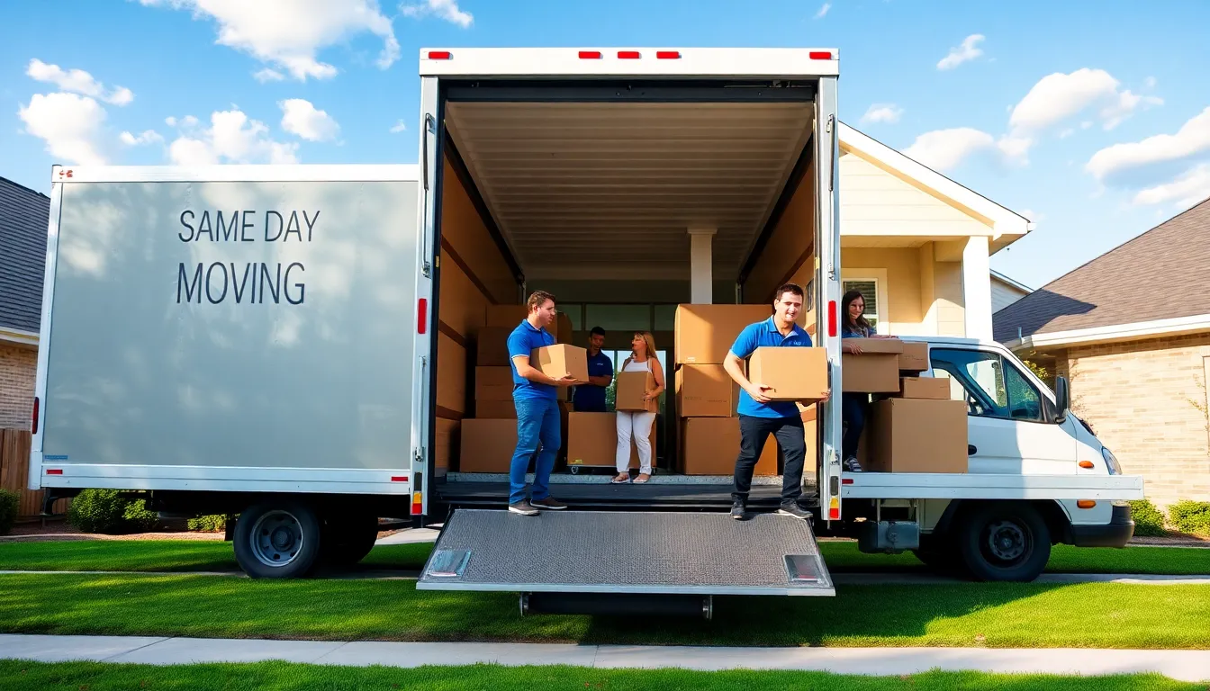 diverse team of movers loading a truck outside a suburban home.